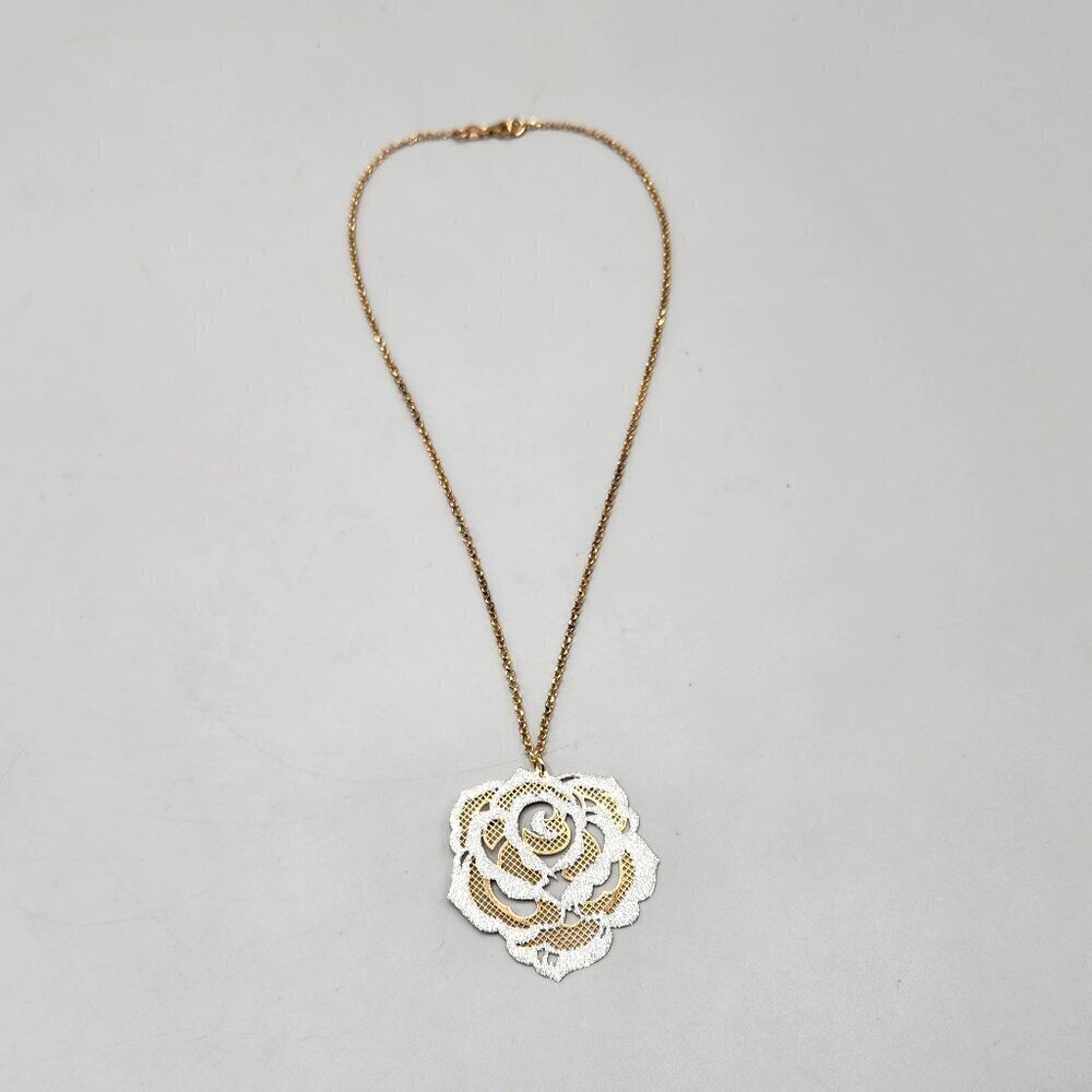 Plated Sterling Silver Filigree Rose Pendant on 18" Chain Gold Tone 925 Italy